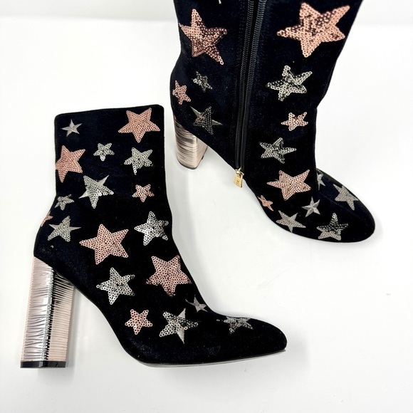 Black, Blush Pink, & Silver Sequin Stars Block Heel Ankle Boots - Picture 1 of 12
